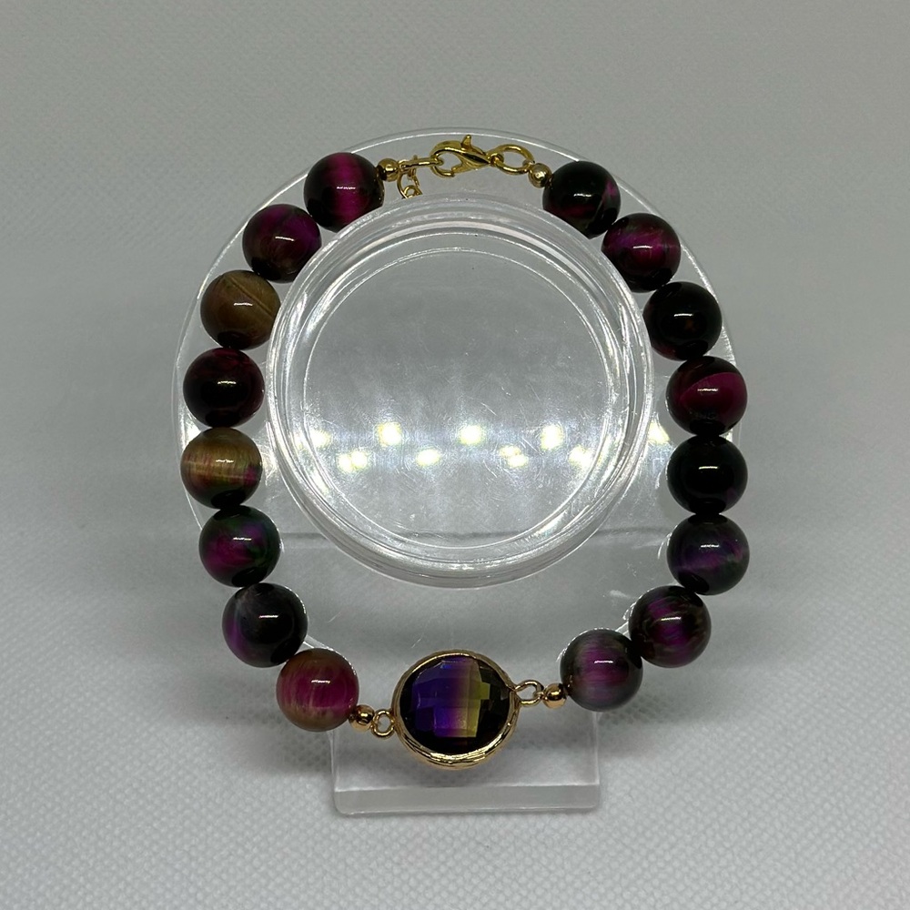 Handmade Gold Wire Bracelet with Rainbow Tiger’s Eye Beads and a Charm